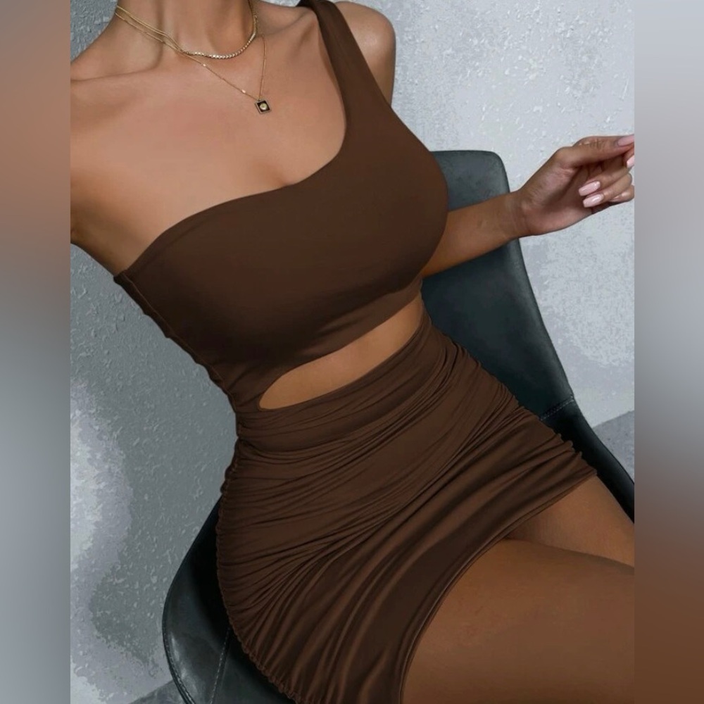 Brown One Shoulder Bodycon Mini Dress